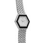 The Piaget Hexagonal Diamond Dress Watch features a woven silver band and a black bezel.