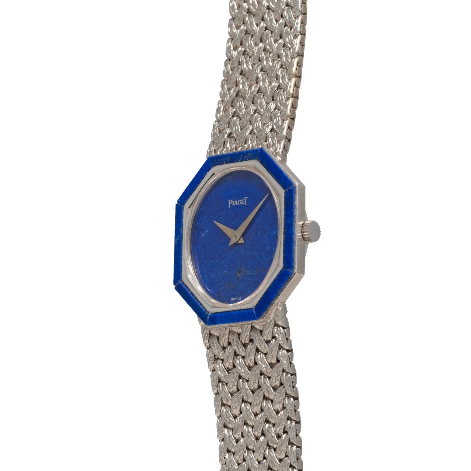 The Piaget Lapis Lazuli White Gold Dress Watch features a blue octagonal face and textured metal band, displaying 10:10.