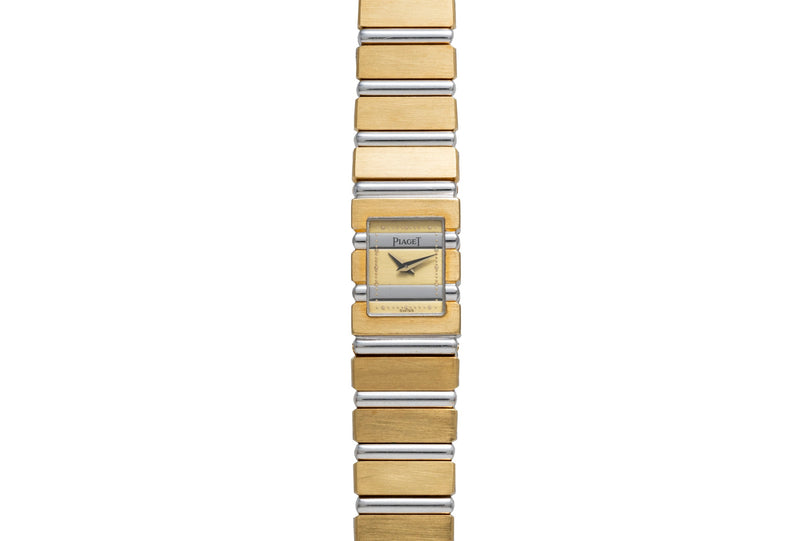 The Piaget Polo Square is a rectangular gold and silver wristwatch with a gold face and matching two-tone metal band, displayed vertically.