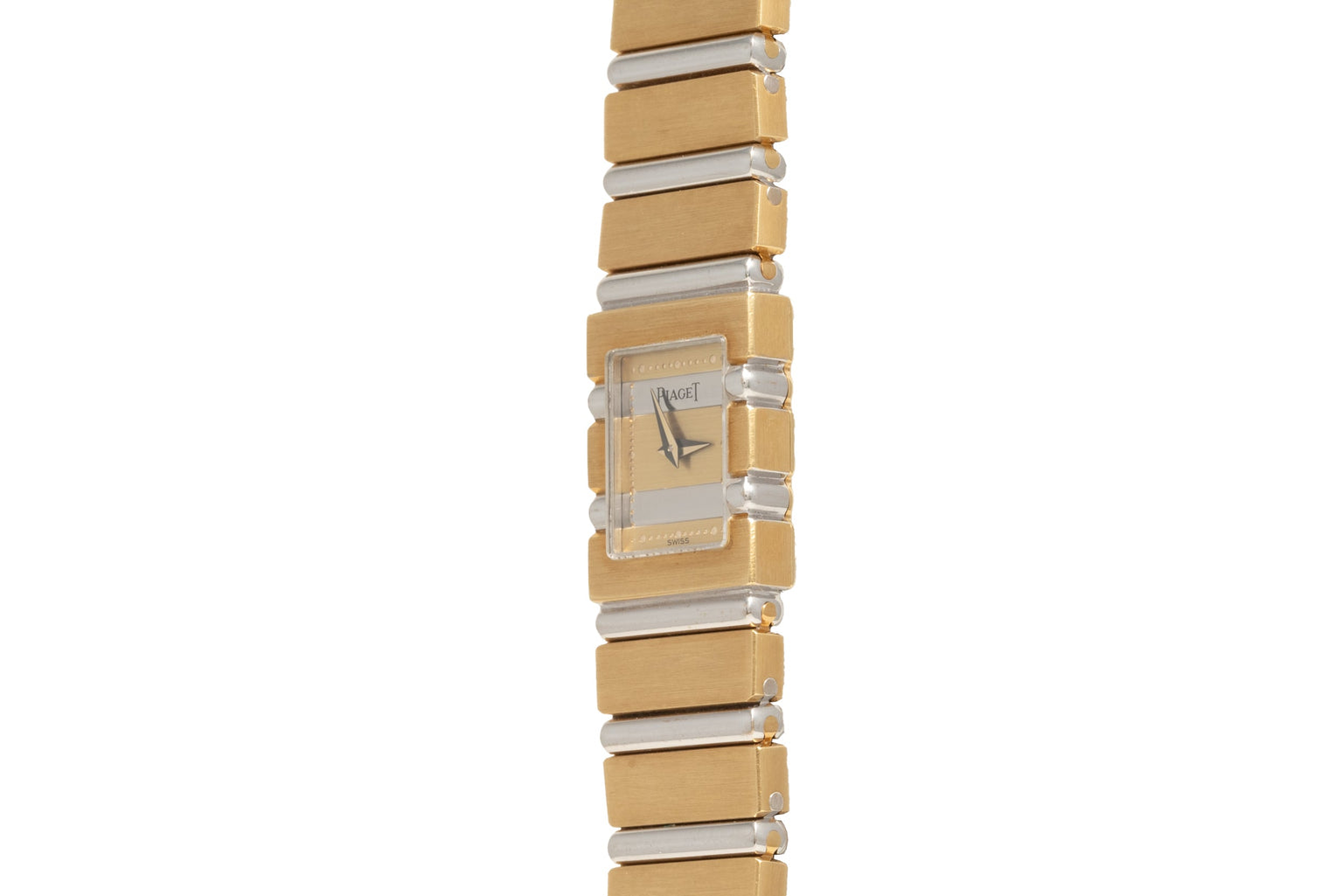 The Piaget Polo Square is a rectangular gold and silver wristwatch with a geometric linked band, shown on a white background.