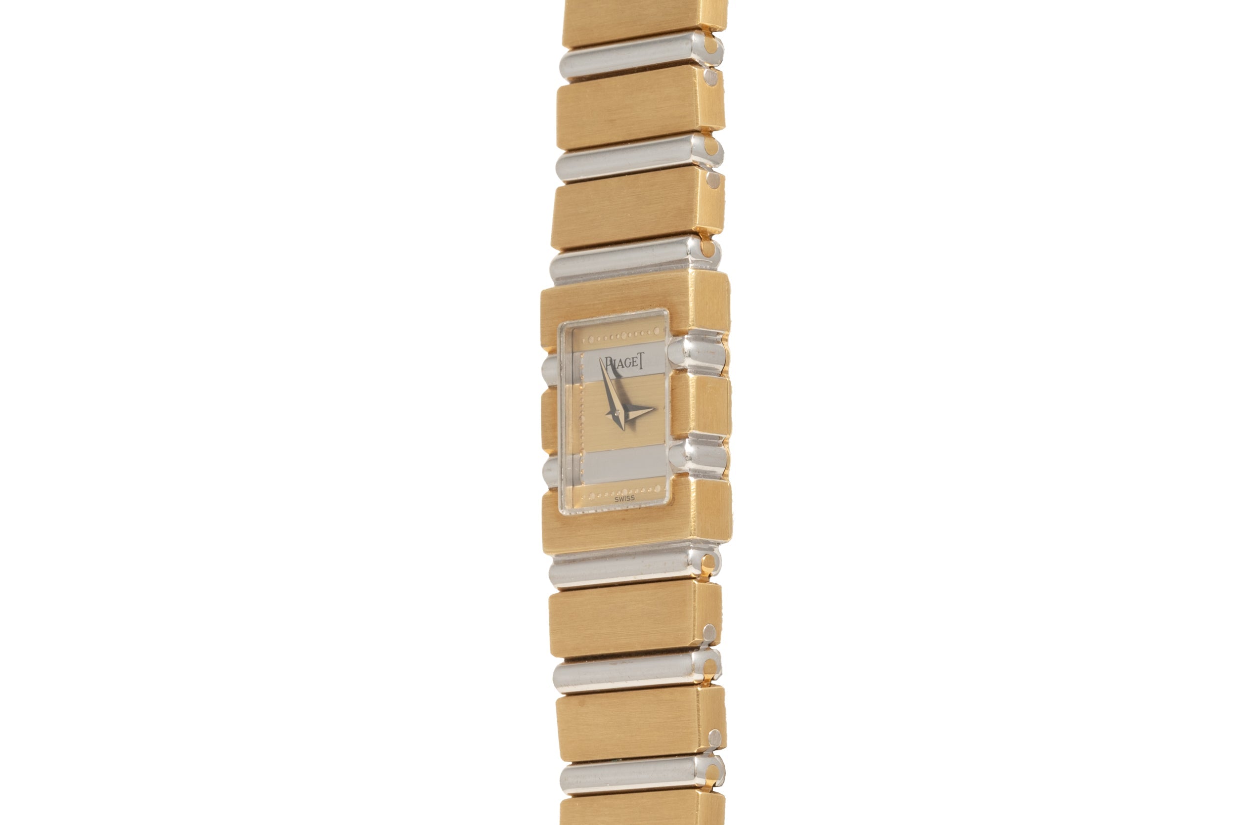 The Piaget Polo Square is a rectangular gold and silver wristwatch with a geometric linked band, shown on a white background.