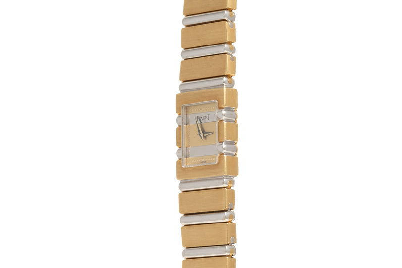 The Piaget Polo Square is a rectangular gold and silver wristwatch with a geometric linked band, shown on a white background.