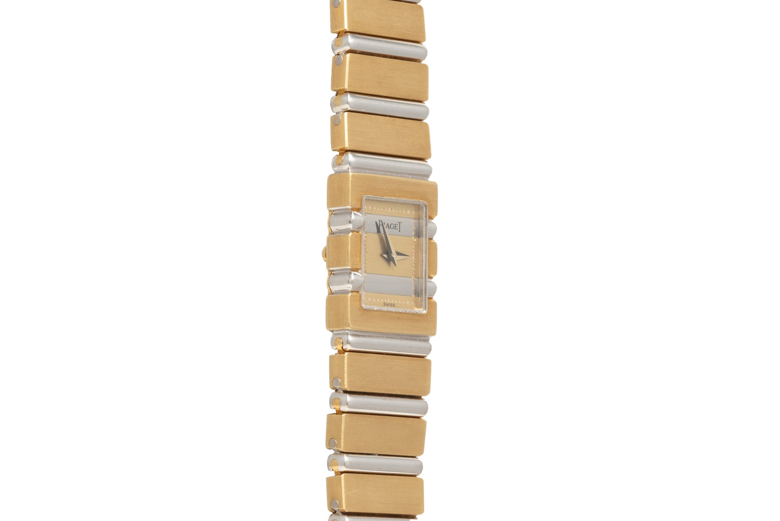 The Piaget Polo Square is a gold and silver rectangular-link wristwatch featuring a small square face and minimalist design.