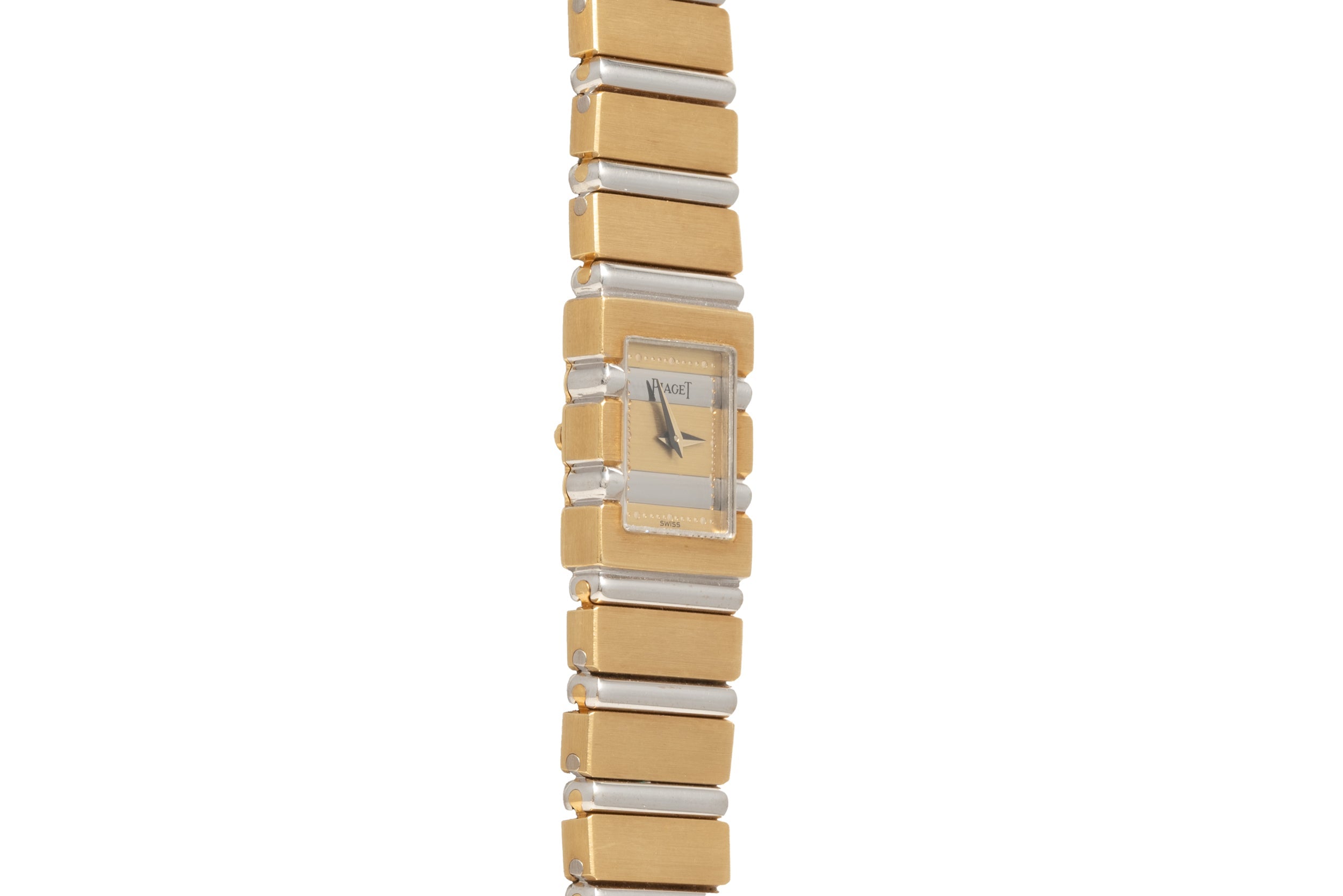 The Piaget Polo Square is a gold and silver rectangular-link wristwatch featuring a small square face and minimalist design.