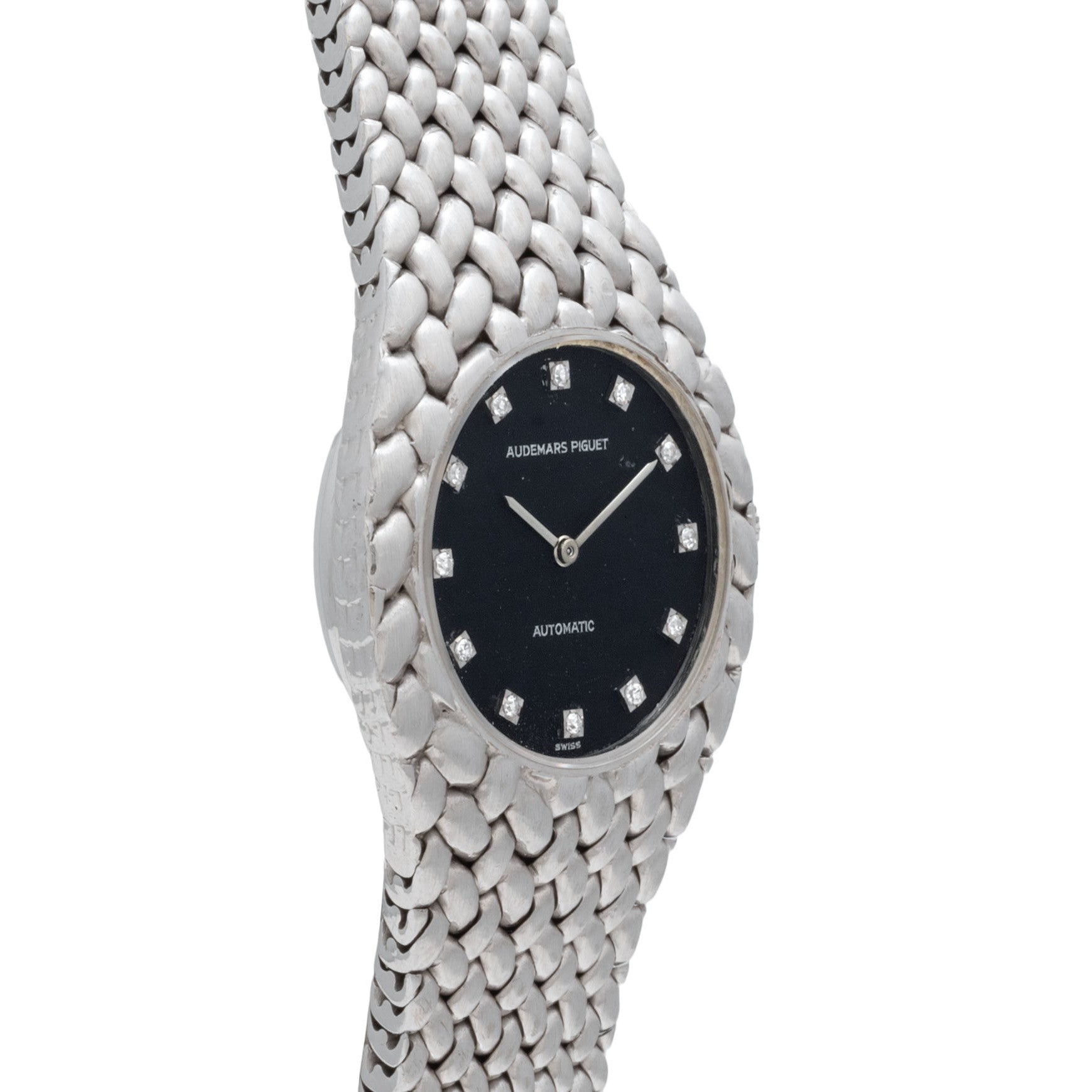 Audemars Piguet Cobra watch in silver, featuring a black face with diamond hour markers and a textured band.