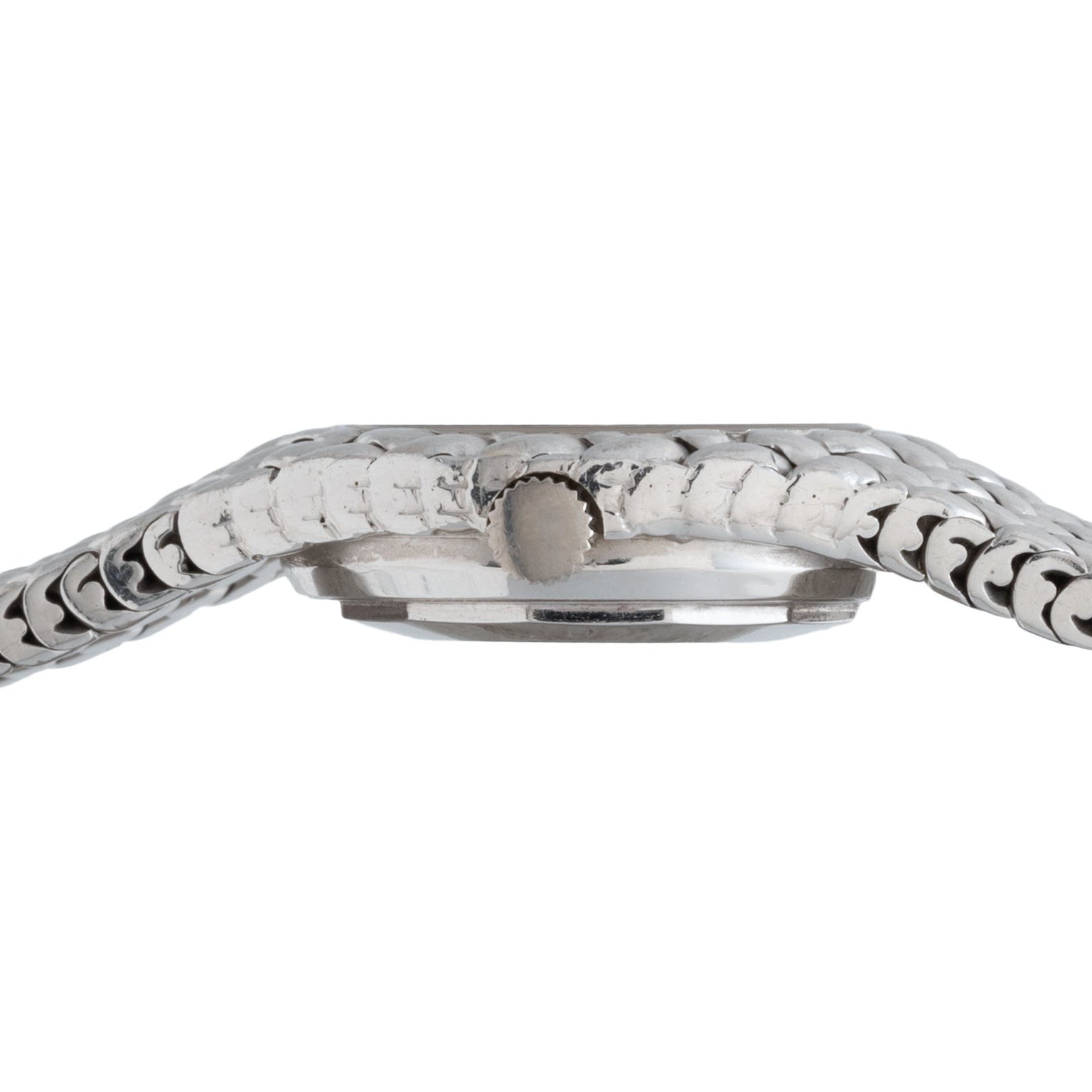 Side view of the Audemars Piguet Cobra wristwatch featuring a silver textured metal band and visible crown.