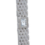 A Cartier Panthère Ruban Mother Of Pearl wristwatch with a silver finish, rectangular face, and Roman numeral markers.