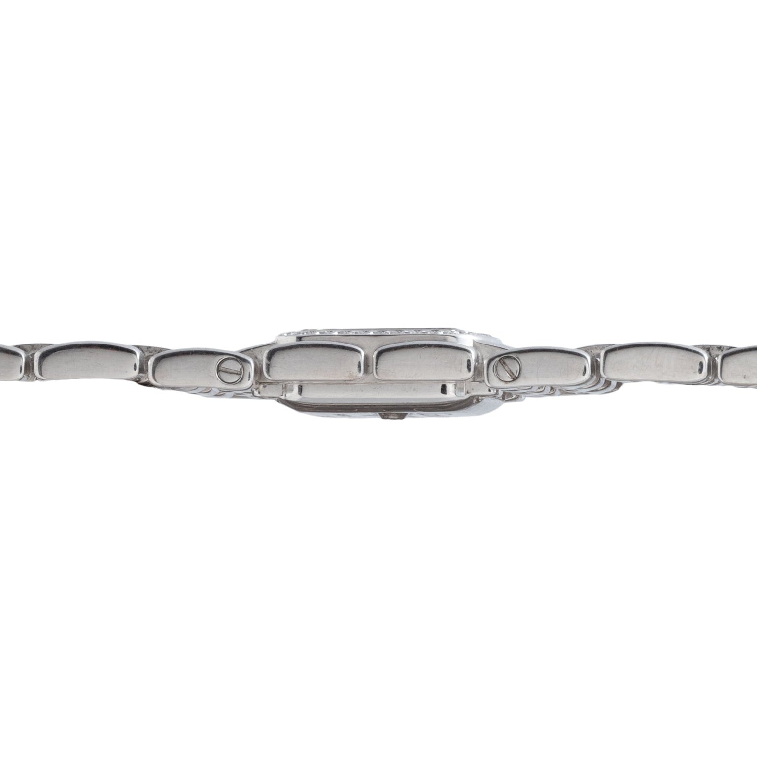 Side view of the Cartier Panthère Ruban Mother Of Pearl, featuring a silver metal wristwatch with a slim rectangular case and linked bracelet.