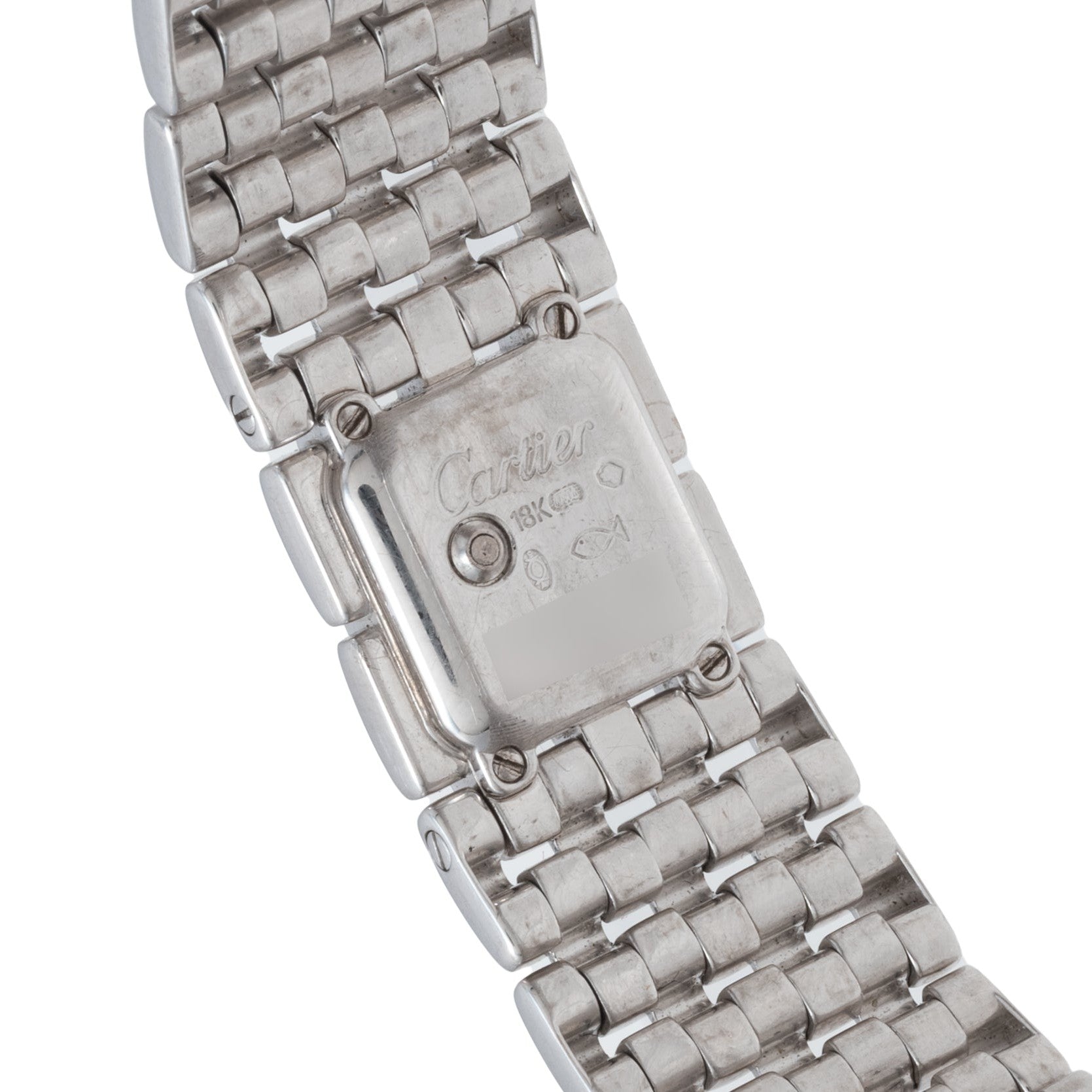 Close-up of the back of a Cartier Panthère Ruban Mother Of Pearl wristwatch featuring a metal link band and engraved markings.
