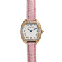 Cartier Tortue watch with diamond bezel, Roman numerals, and pink leather strap displayed on a white background.