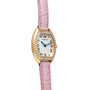 A Cartier Tortue watch in gold, featuring a diamond bezel, Roman numerals, and a pink leather strap.