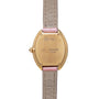 Back view of a Cartier Tortue gold wristwatch featuring a tan leather strap and engraved case markings.