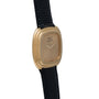 The Piaget Emperador Mini Warhol quartz wristwatch features a square face and black textured leather strap, shown at an angle.
