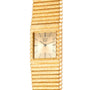 The Piaget Emperador is a gold quartz wristwatch featuring a textured band and rectangular face with black hour markers.