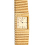 Piaget Emperador gold quartz wristwatch featuring a square face and textured gold bracelet, displaying the time 9:06.