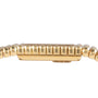 The Piaget Emperador features a gold, ridged case with a matching beaded bracelet, shown in side profile against a white background.