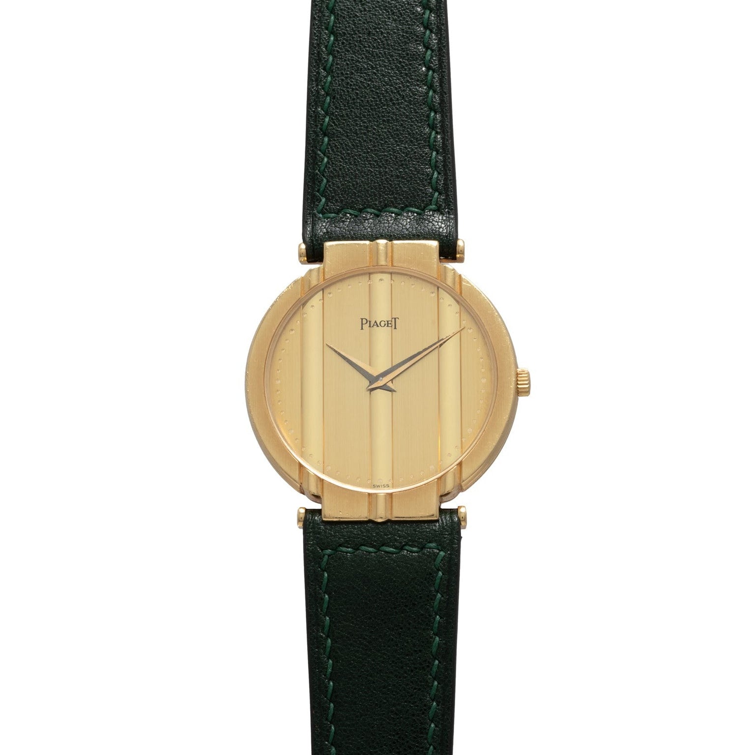 Piaget Polo Large gold wristwatch with a simple round face, black leather strap, and minimal hour markers.