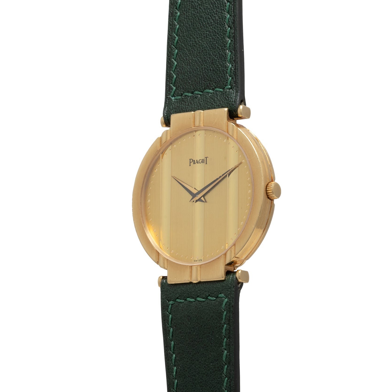 The Piaget Polo Large wristwatch features a simple gold dial and a green leather strap, showcased from the front.