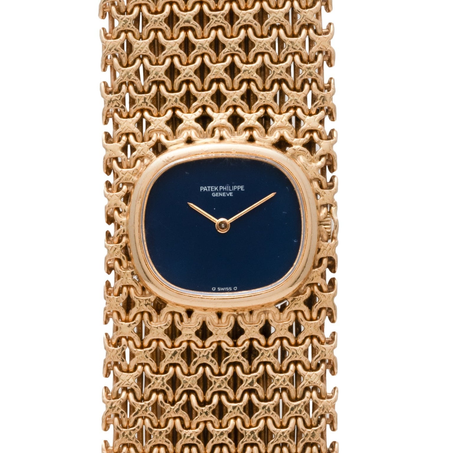 Patek Philippe Ellipse Ladies Woven Cuff watch in gold, featuring a blue face and intricate bracelet design, set to 10:11.
