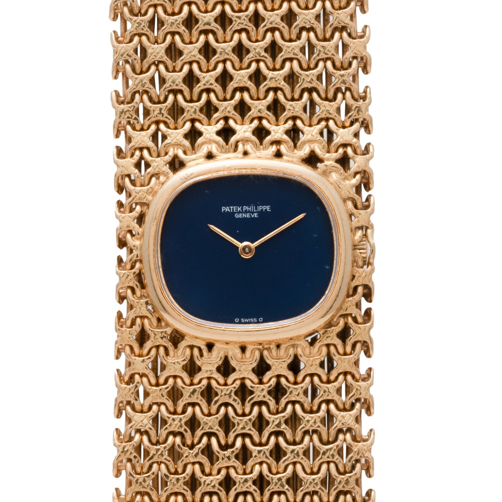 Patek Philippe Ellipse Ladies Woven Cuff watch in gold, featuring a blue face and intricate bracelet design, set to 10:11.