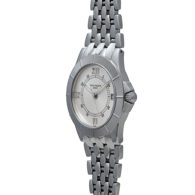 Patek Philippe Neptune wristwatch with Roman numerals and a metal link band, angled slightly to the left.