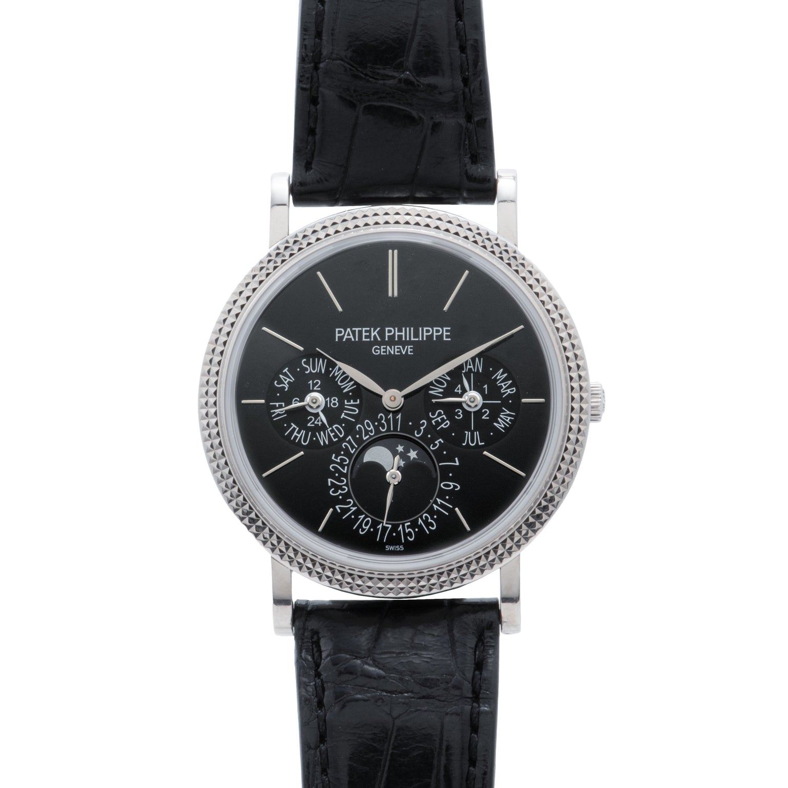 A Patek Philippe Perpetual Calendar Moonphase wristwatch with a black leather strap and multiple dials on a black face.