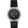 A Patek Philippe Perpetual Calendar Moonphase wristwatch with a black leather strap and multiple dials on a black face.