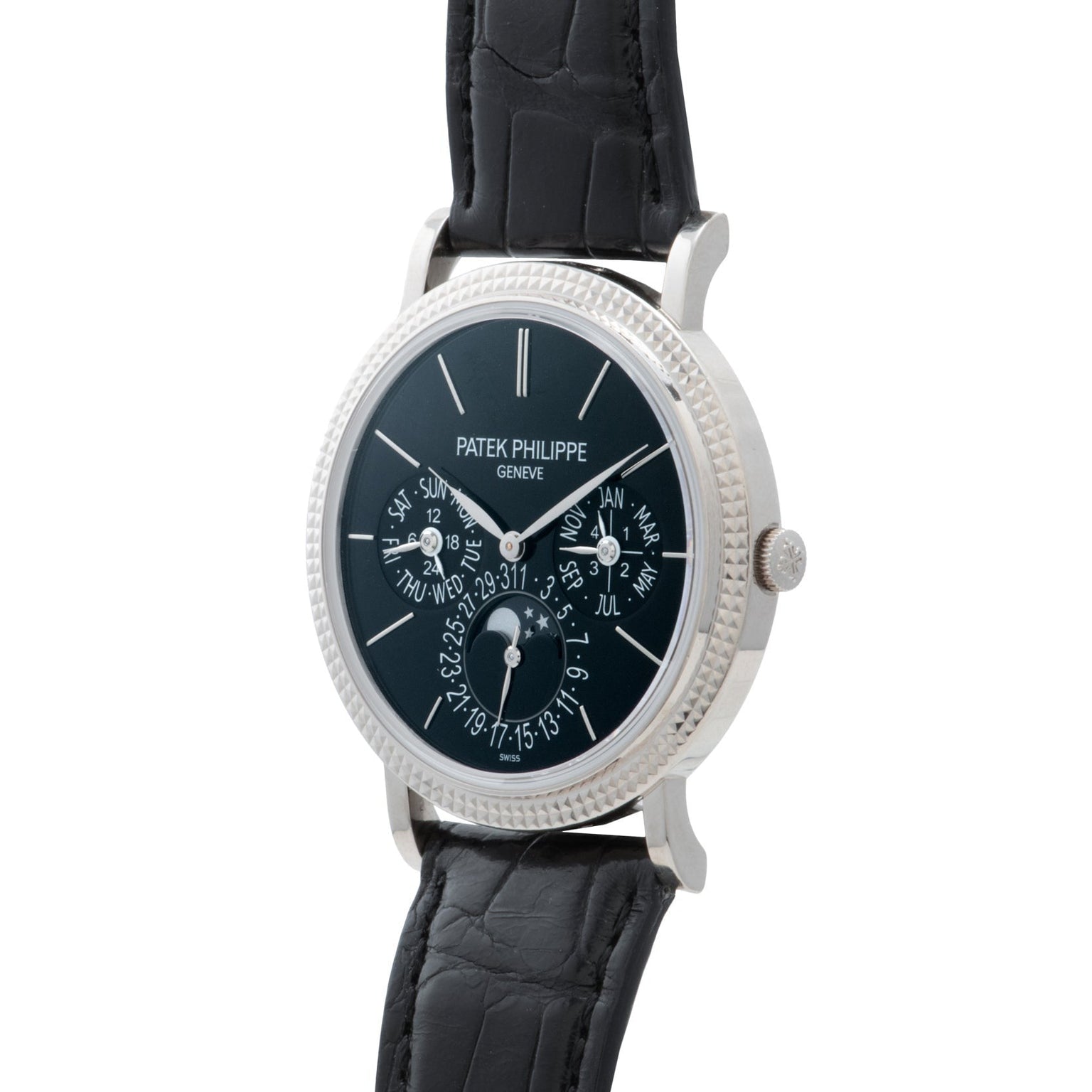 The Patek Philippe Perpetual Calendar Moonphase features a black leather strap and an intricate black dial with multiple subdials.