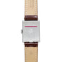 The back view of the Vacheron Constantin Rectangular Steel Dress Watch displays its engraved logo and features a brown leather strap.