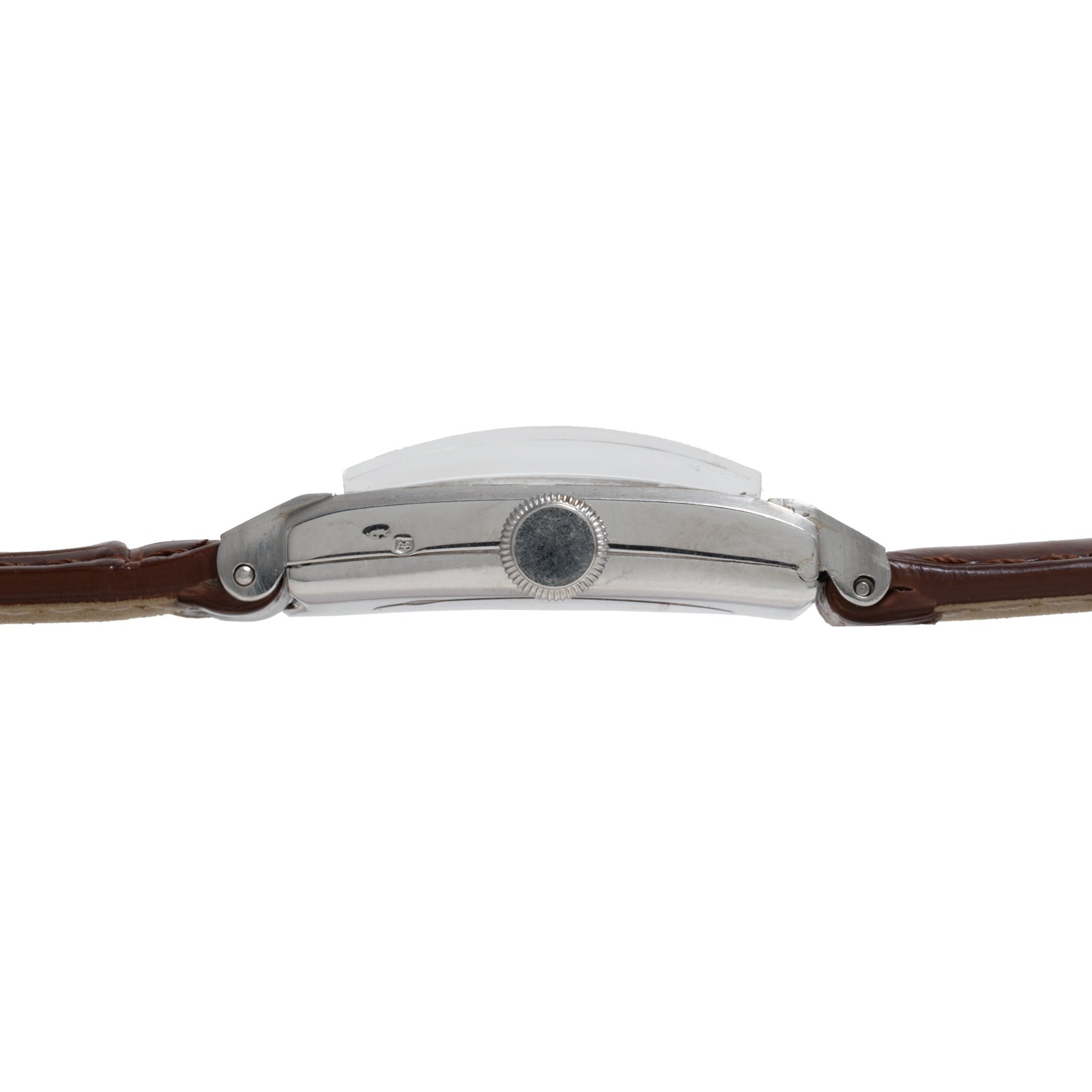 Side view of a Vacheron Constantin Rectangular Steel Dress Watch with a brown leather strap and a round crown.