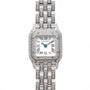 A Cartier Panthère Diamond wristwatch in silver features Roman numerals and diamond accents on the bezel and bracelet.