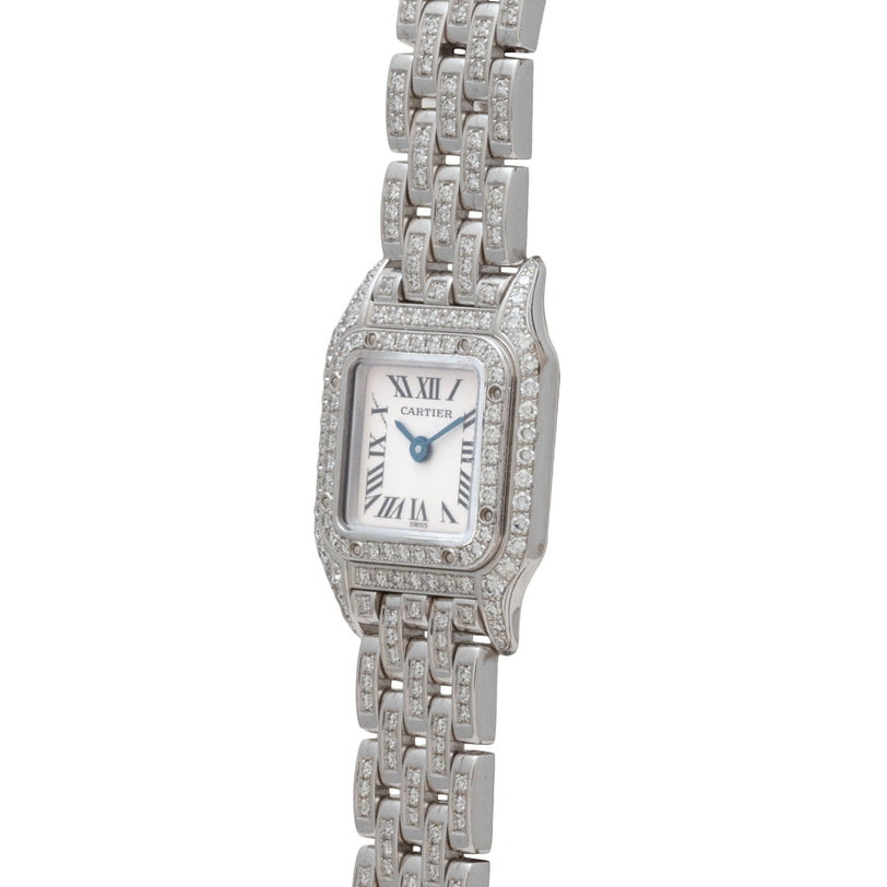 The Cartier Panthère Diamond is a luxury silver wristwatch featuring a diamond-encrusted band and Roman numeral dial.