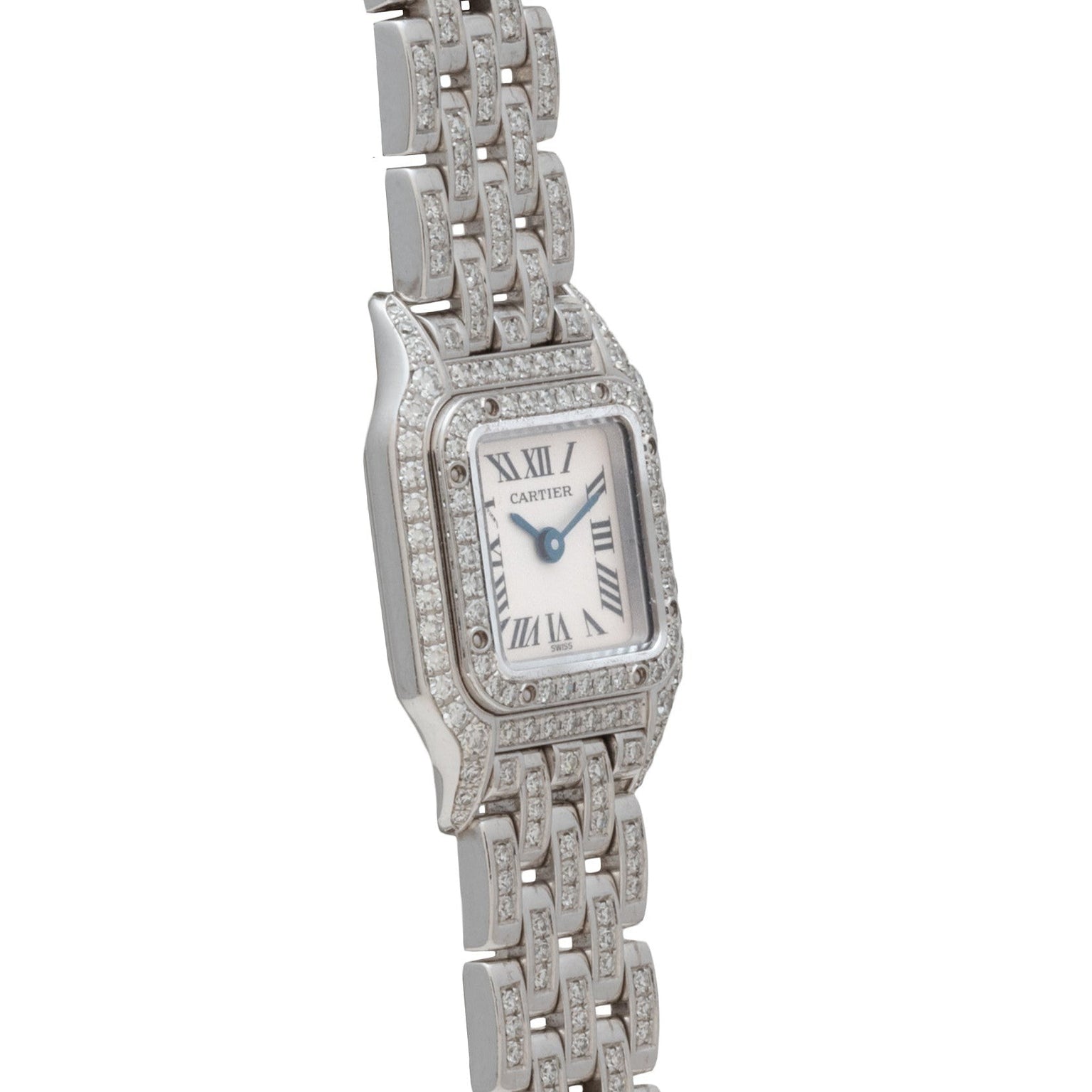 The Cartier Panthère Diamond is a silver watch featuring a square, diamond-encrusted bezel and a Roman numeral dial.