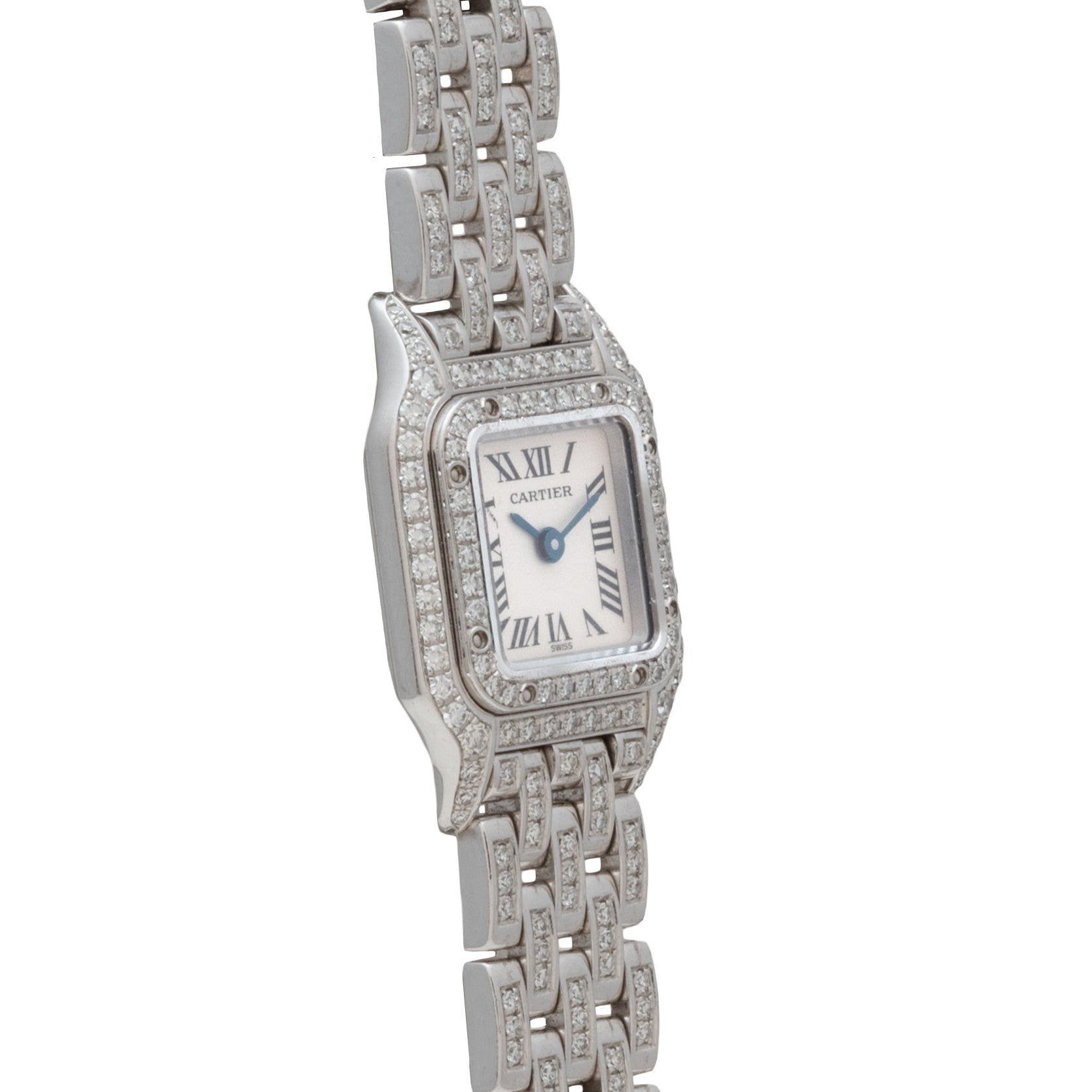 The Cartier Panthère Diamond is a silver watch featuring a square, diamond-encrusted bezel and a Roman numeral dial.