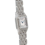 The Cartier Panthère Diamond is a silver watch featuring a square, diamond-encrusted bezel and a Roman numeral dial.