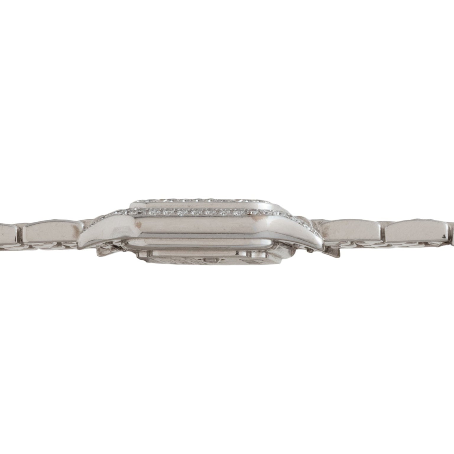Side view of the Cartier Panthère Diamond wristwatch featuring a silver metal band and a diamond-encrusted bezel.
