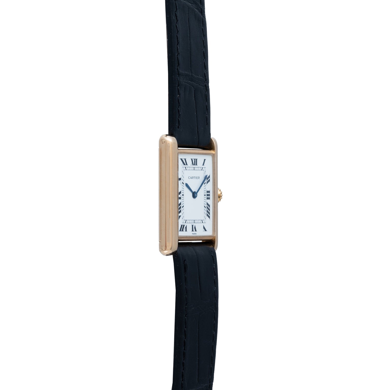 A Cartier Tank Louis wristwatch with a black leather strap and a white Roman numeral dial, shown from the side.
