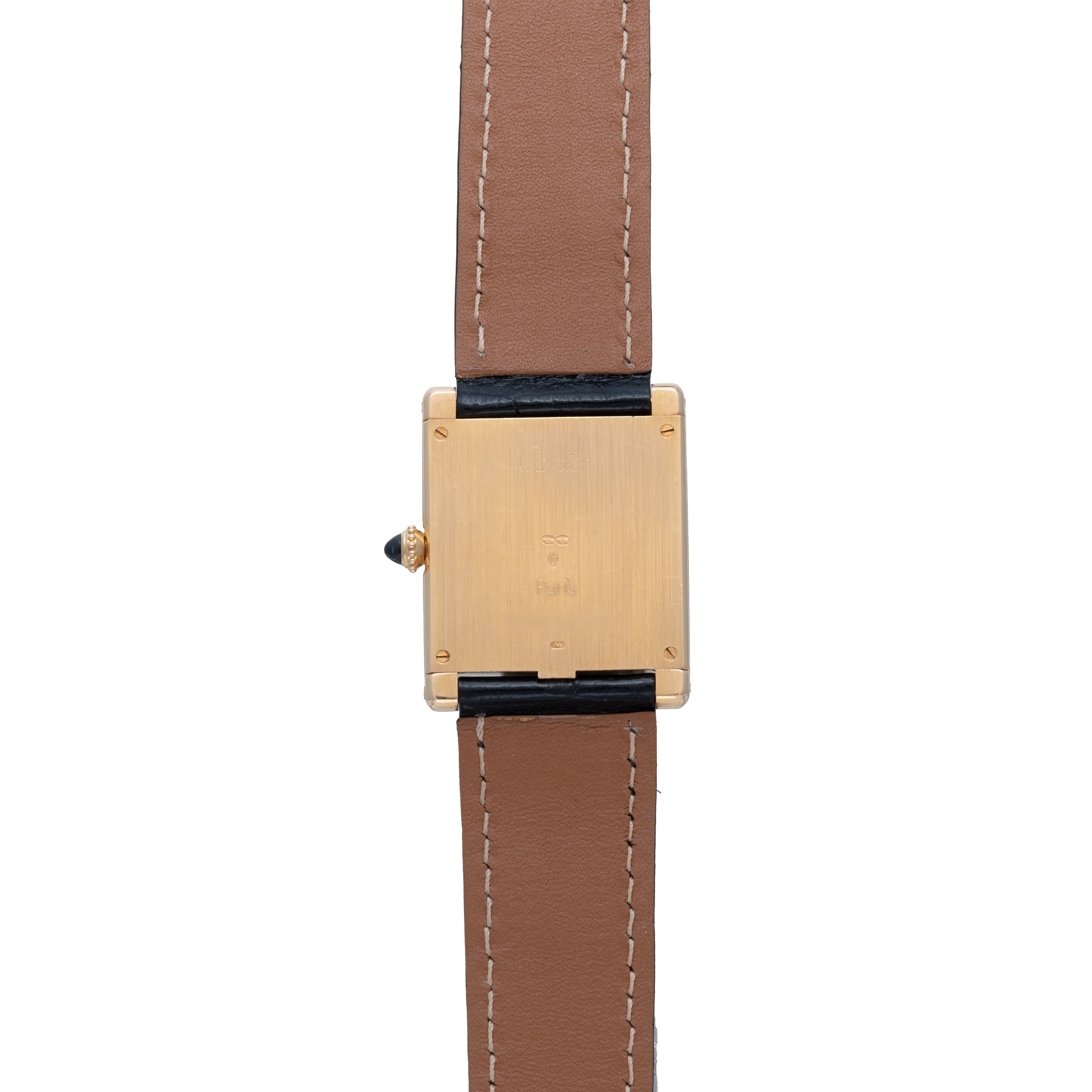 The Cartier Tank Louis watch is displayed from the back in a vertical view, highlighting its gold case and brown leather strap.