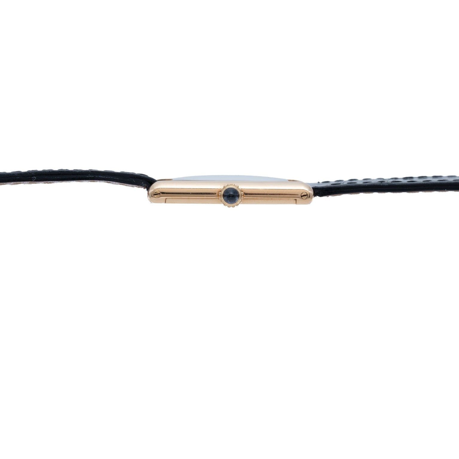 Side view of a slim Cartier Tank Louis gold watch case with a black leather strap, shown against a white background.