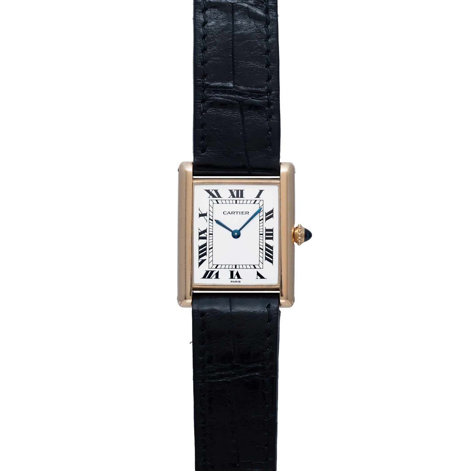 The Cartier Tank Louis watch features a square face with Roman numerals and a black leather strap.