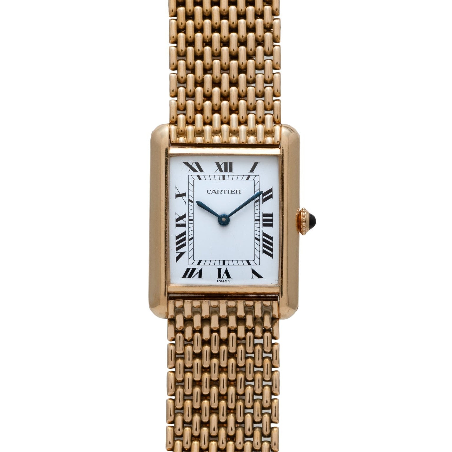 The Cartier Tank Louis wristwatch features a gold case, white square dial with Roman numerals, and a gold mesh bracelet.