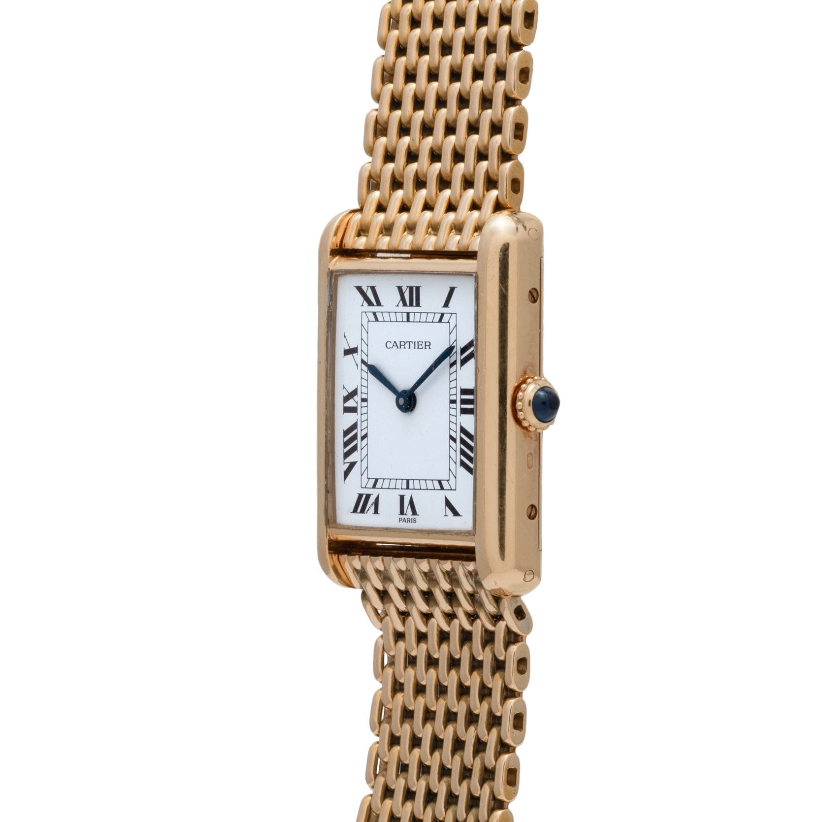 The Cartier Tank Louis watch features a rectangular face with Roman numerals and a gold mesh bracelet, shown on a white background.