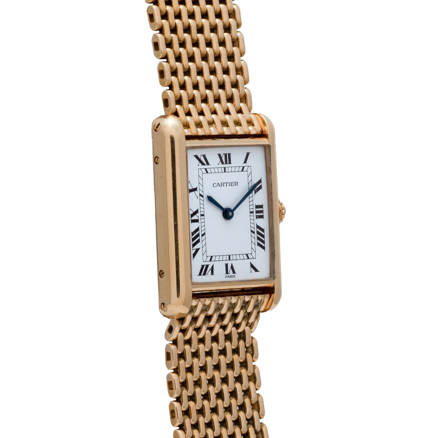 Cartier Tank Louis watch featuring a rectangular face, Roman numerals, and a gold mesh bracelet, shown at an angle.