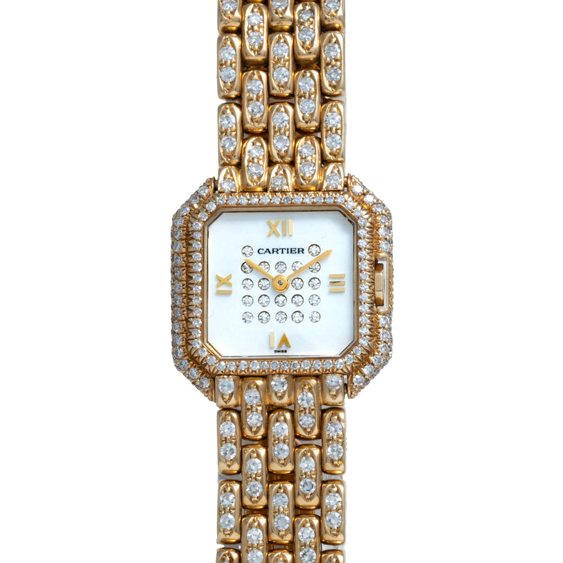Cartier Ceinture Paris Diamond watch featuring a diamond-encrusted band and bezel, Roman numerals, and diamond accents on the face.
