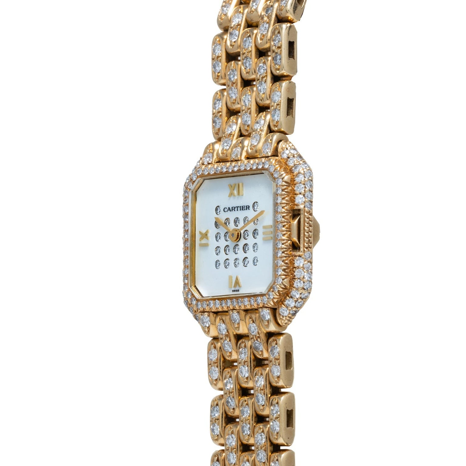 The Cartier Ceinture Paris Diamond wristwatch, featuring diamond accents on the face and bracelet, is photographed against a white background.