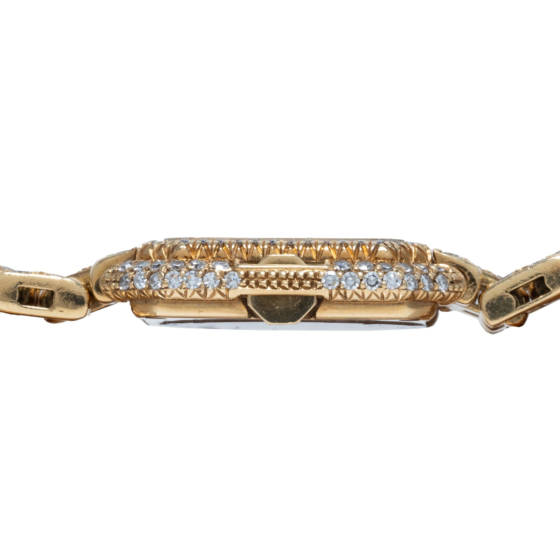 Side view of the Cartier Ceinture Paris Diamond gold wristwatch, featuring diamond accents along the edge of its case.