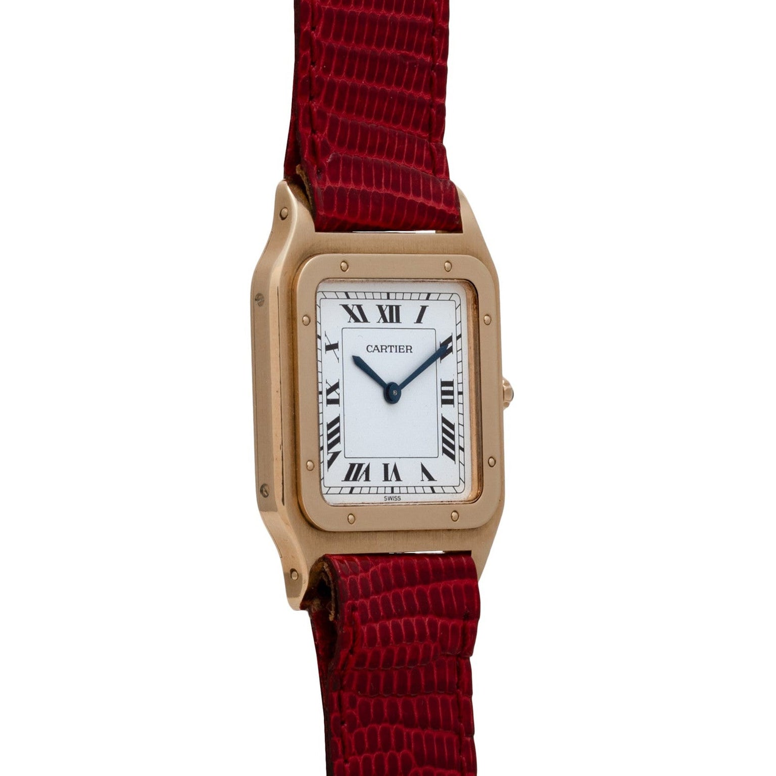The Cartier Santos Dumont is a gold square watch featuring a white Roman numeral face and a textured red leather strap.