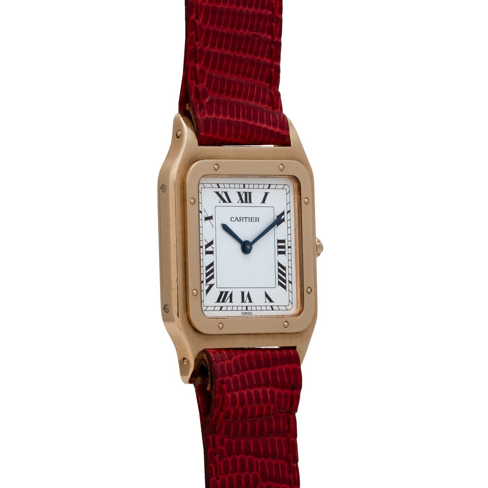 The Cartier Santos Dumont is a gold square watch featuring a white Roman numeral face and a textured red leather strap.