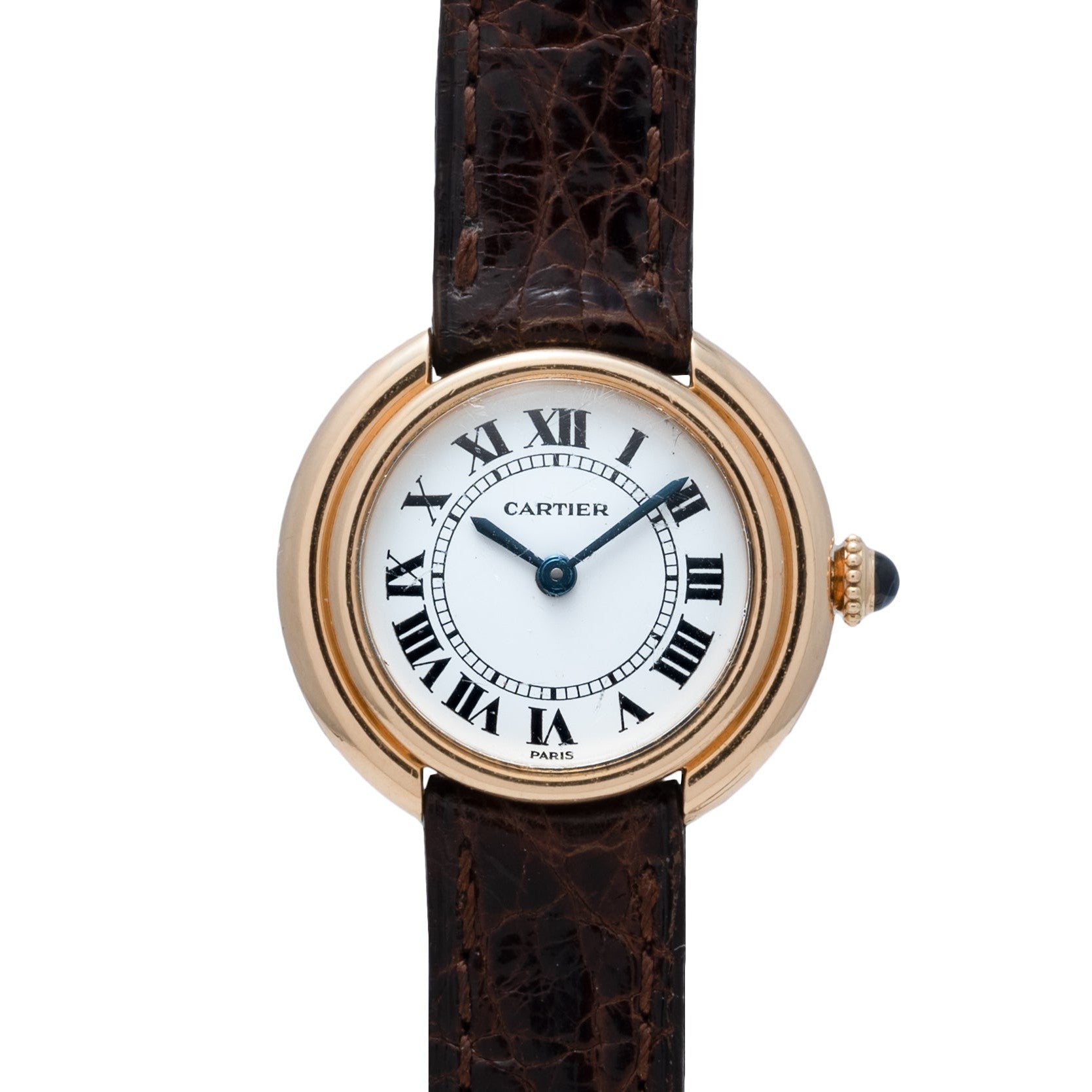 Cartier Vendome gold wristwatch with Roman numerals and a brown leather strap, shown on a white background.