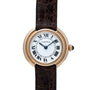 Cartier Vendome gold wristwatch with Roman numerals and a brown leather strap, shown on a white background.